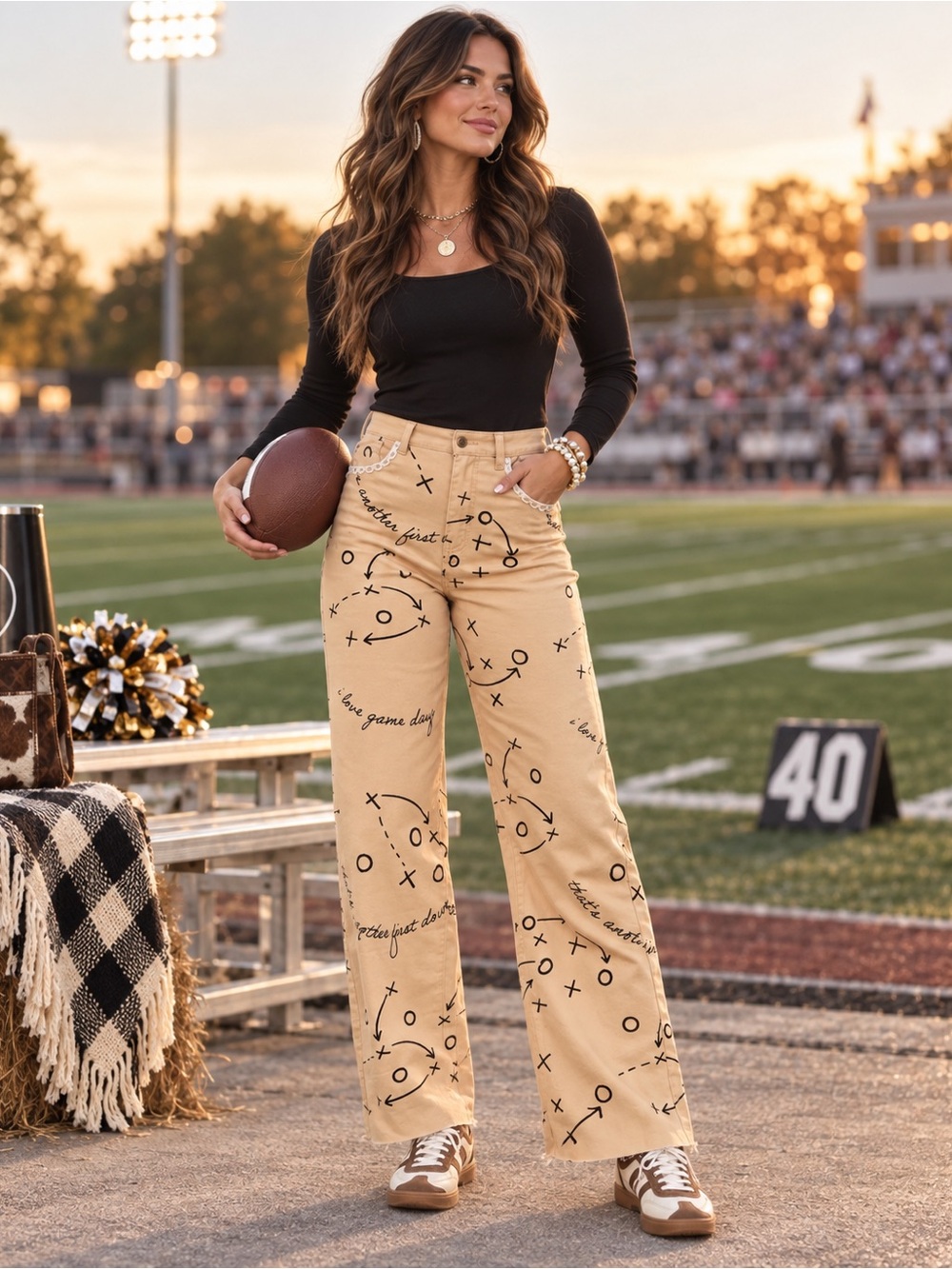 Poppy & Pine High-Rise Football Play Print Wide-Leg Pants - Tan